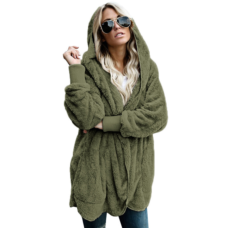 Winterfleecejas met capuchon voor dames - zacht en warm gebreid vest van acryl, oversized lange trui-jas voor casual streetwear_voghion.com