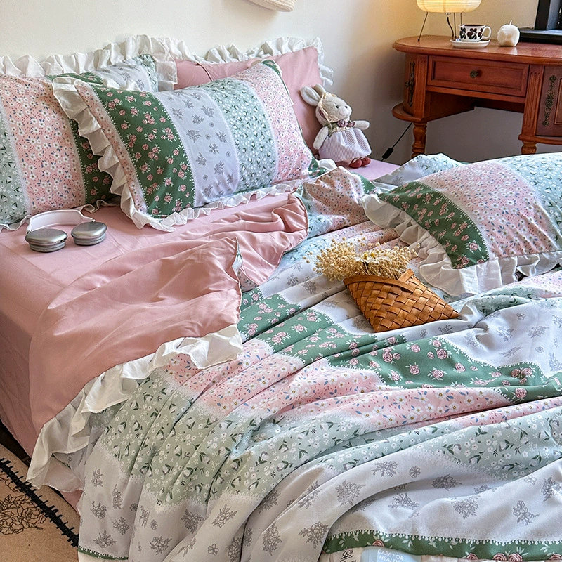 Летнее одеяло в корейском стиле для маленьких свежих девочек, французское шелковистое, приятное для кожи, дышащее кружевное летнее одеяло, комплект из четырех предметов