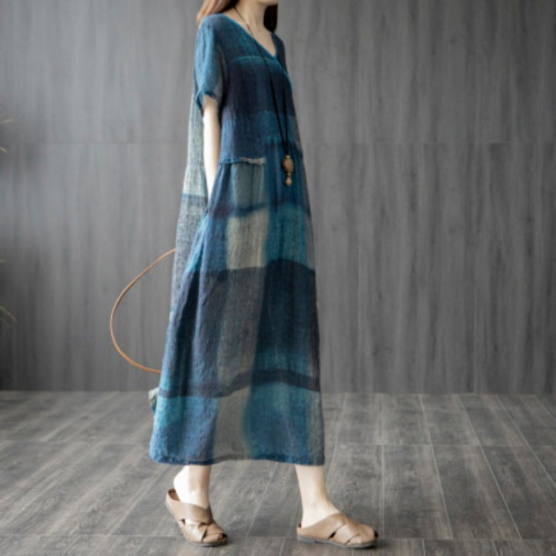 Actual Shot of 2025 New Summer Style Retro Loose Large Size Women's Cotton and Linen Splicing Plaid Slim Dress Actual Shot of 2025 New Summer Style Retro Loose Large Size Women's Cotton and Linen Splicing Plaid Slim Dress
