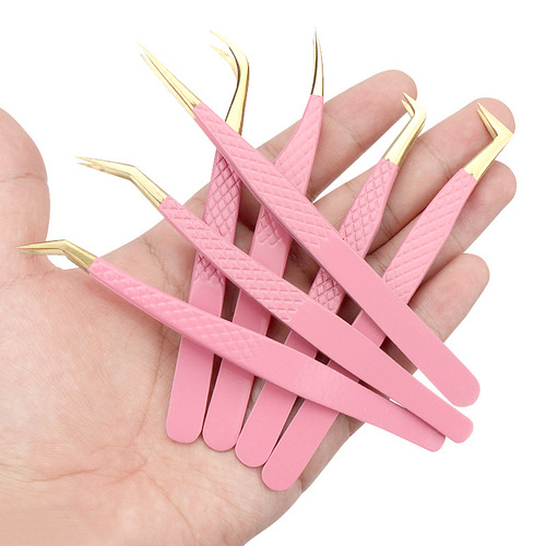 Wholesale eyelash extension tools pink gold fish pattern tweezers opp bag individually packaged pink eyelash tweezers