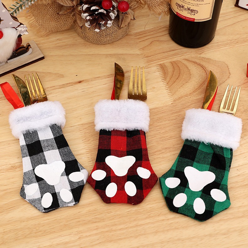 Cross-border Christmas decorations mini cat claw knife and fork set plaid cloth tableware set table decoration fabric decoration