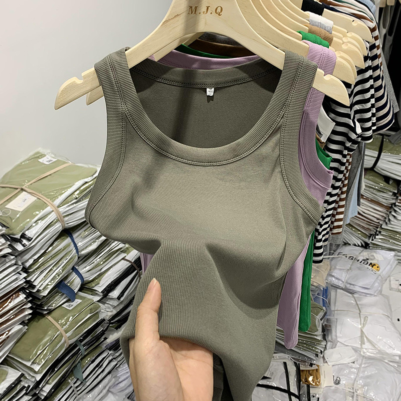 U-neck Thread Cotton Camisole Women's Outer Wear 2024 Summer New Slim-fit All-match Sleeveless T-shirt Low Collar Top Trendy