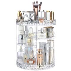Diamond pattern cosmetic storage box 360&deg; rotating vanity mirror lipstick skincare acrylic organizer wholesale