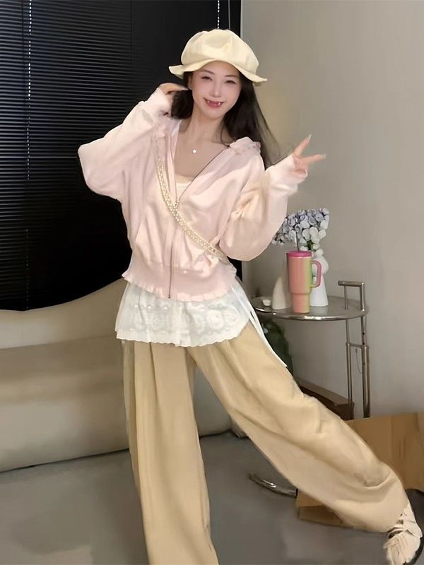 纯欲甜美风木耳边拉链开衫外套女秋季新款宽松显瘦连帽百搭上衣潮|undefined