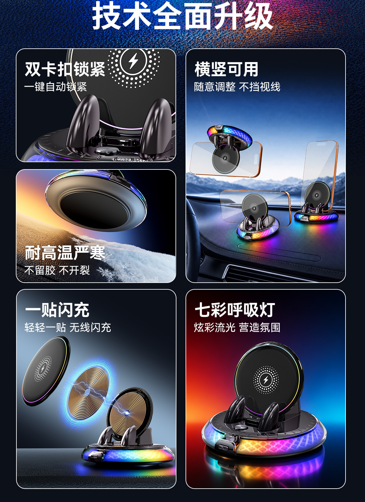 New car phone holder with RGB colorful ambient lighting, dashboard anti-shake wireless charging stand with fast charging