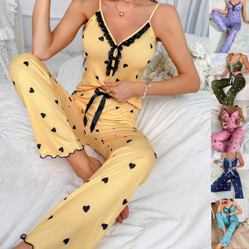 Cross-Border Women's European and American Pajamas 2-Piece Home Clothes New Comfortable Lace Suspender Pants Set Supply Factory