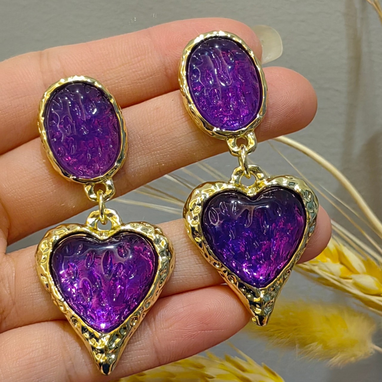 Heart Shape Pattern 1 Pair Lady Heart Shape Inlay Copper Artificial Gemstones Drop Earrings
