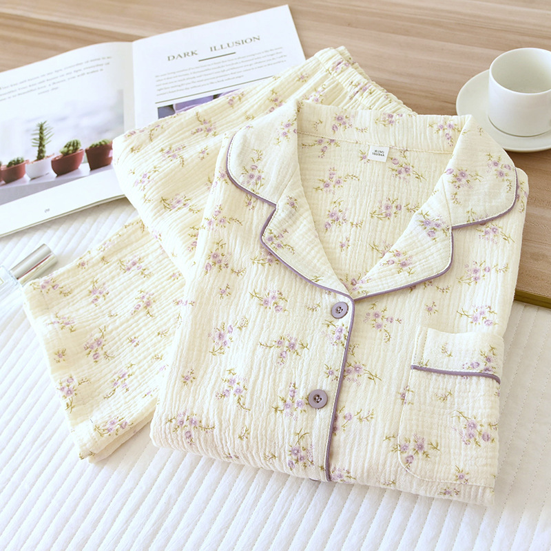 Pure Cotton Pajamas for Women, Spring and Summer Long-Sleeved Suits, Pastoral Style Double-Layer Gauze Home Clothes, Loose Large Size Cardigans Pure Cotton Pajamas for Women, Spring and Summer Long-Sleeved Suits, Pastoral Style Double-Layer Gauze Home Clothes, Loose Large Size Cardigans