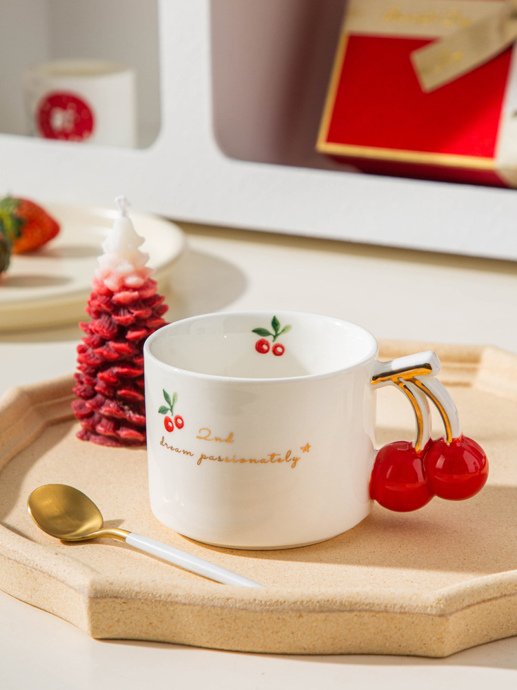 Mug Kitchen and drinking utensils Cute Cherry White Porcelain Mug 1 Piece
