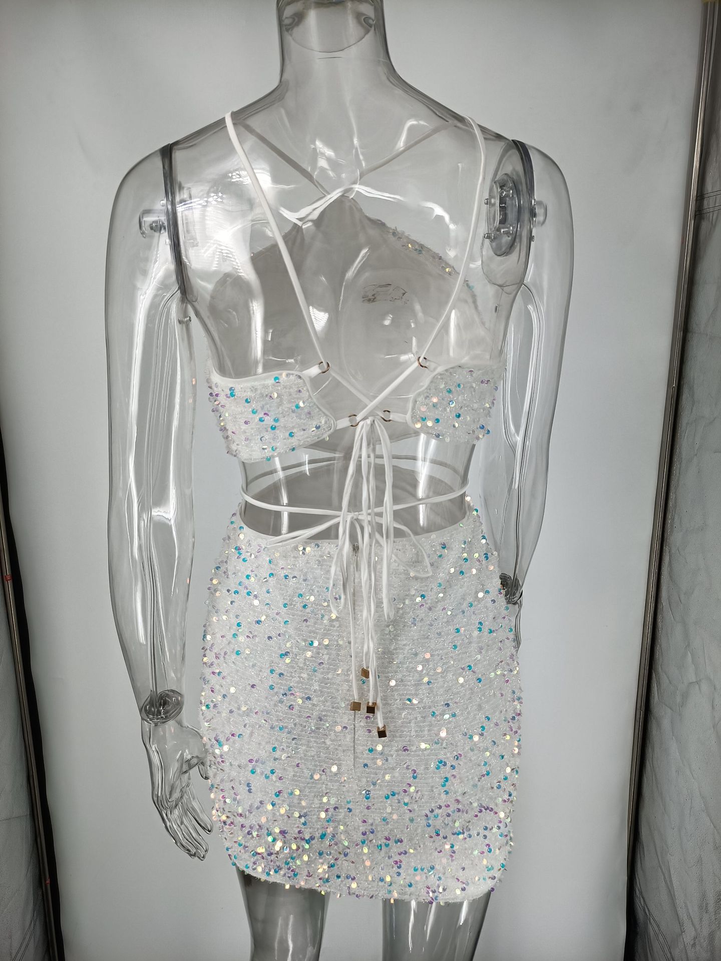 White Sequined Halter Cut Out Mini Dress