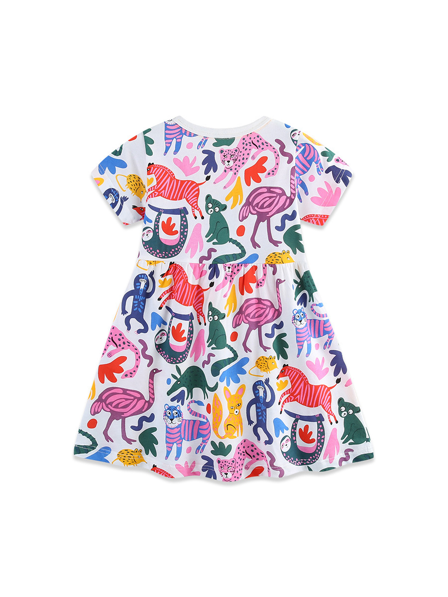 Verano nuevo vestido de niña dibujos animados impresión animal vestido de mangas cortas vestido de niños de estilo europeo y americano comercio exterior