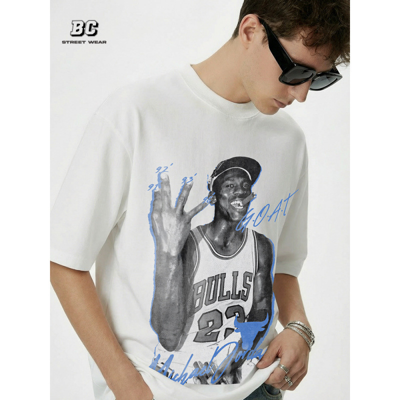 Cross-Border European Size Retro Air Legend Print Short-Sleeve T-Shirt Versatile Simple Round Neck Heavy-Duty Small Collar