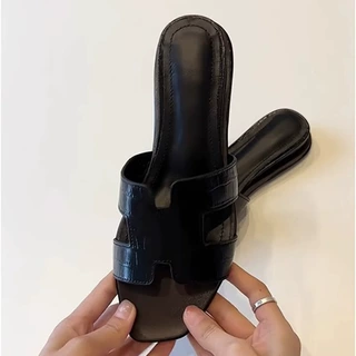 羊皮版~法式平底凉拖简约真皮百搭露趾鳄鱼纹坡跟h拖鞋女夏外穿