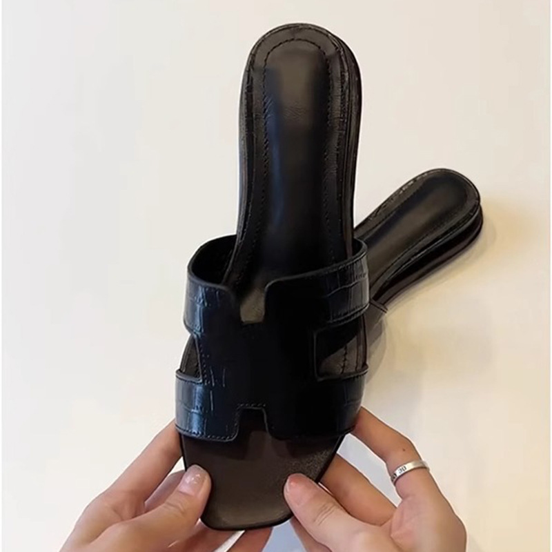 Sheepskin Version ~ French Flats Sandals, Simple Genuine Leather, Versatile Open-Toe Crocodile Pattern Wedge H Slippers for Women's Summer Outer Wear