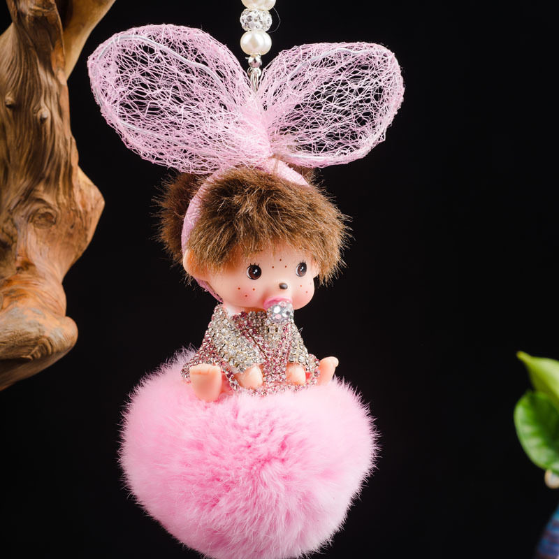 Encaje orejas de conejo lazo colgante de muñeca con incrustaciones de diamantes colgante de cadena de perlas accesorios para automóviles