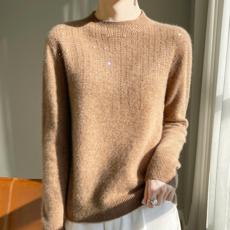Otoño y invierno nueva ropa de primera línea de lana pura mujer rosca de diamante top medio alto base ocio viaje suéter de manga larga