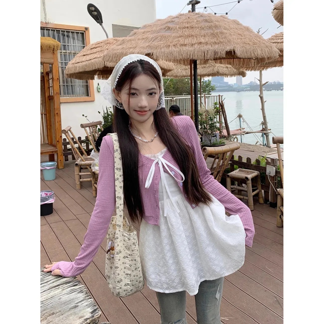 보라색 카디건 [꽃 선택 좋은 품질]]