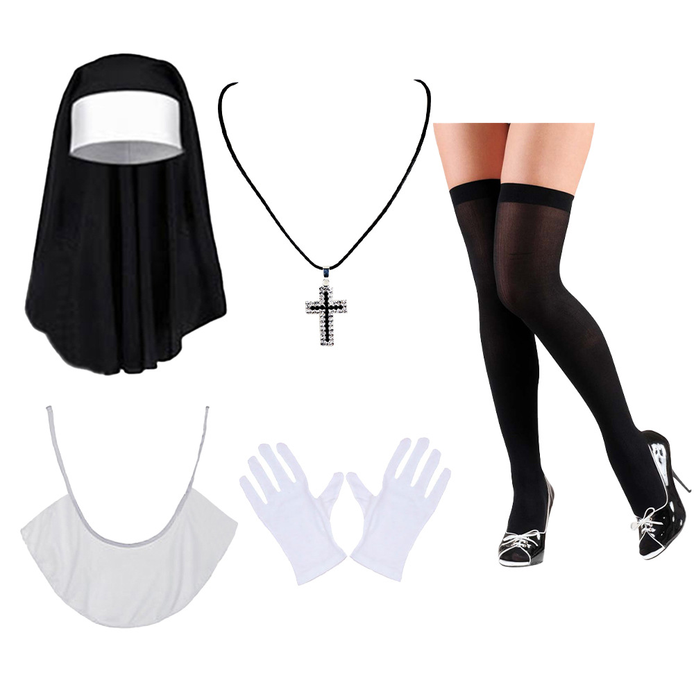 Halloween sexy cosplay monjas juegan disfraz ropa pañuelo calcetines collar crucifix set