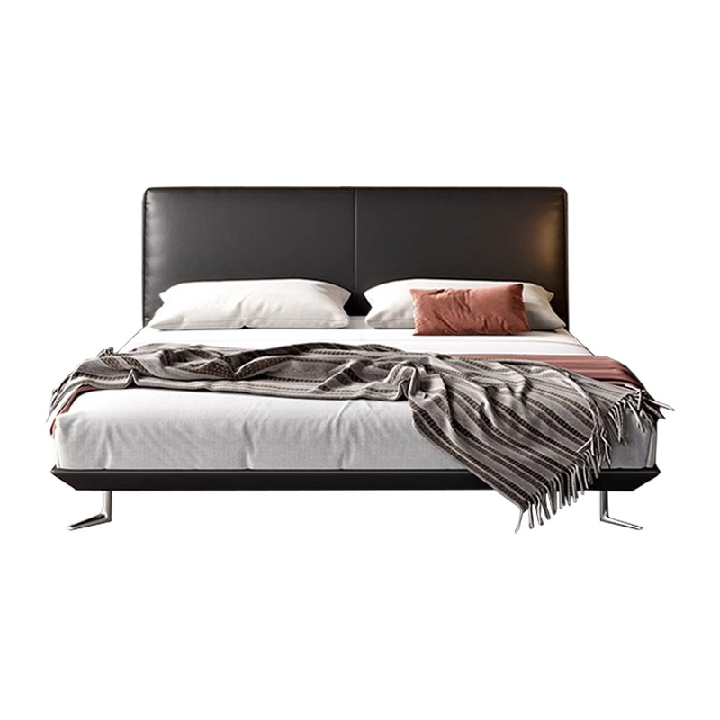 Cama de cuero real, cama de estrella minimalista italiana, cama principal, cama de paquete negro, cama doble de 1.8m.