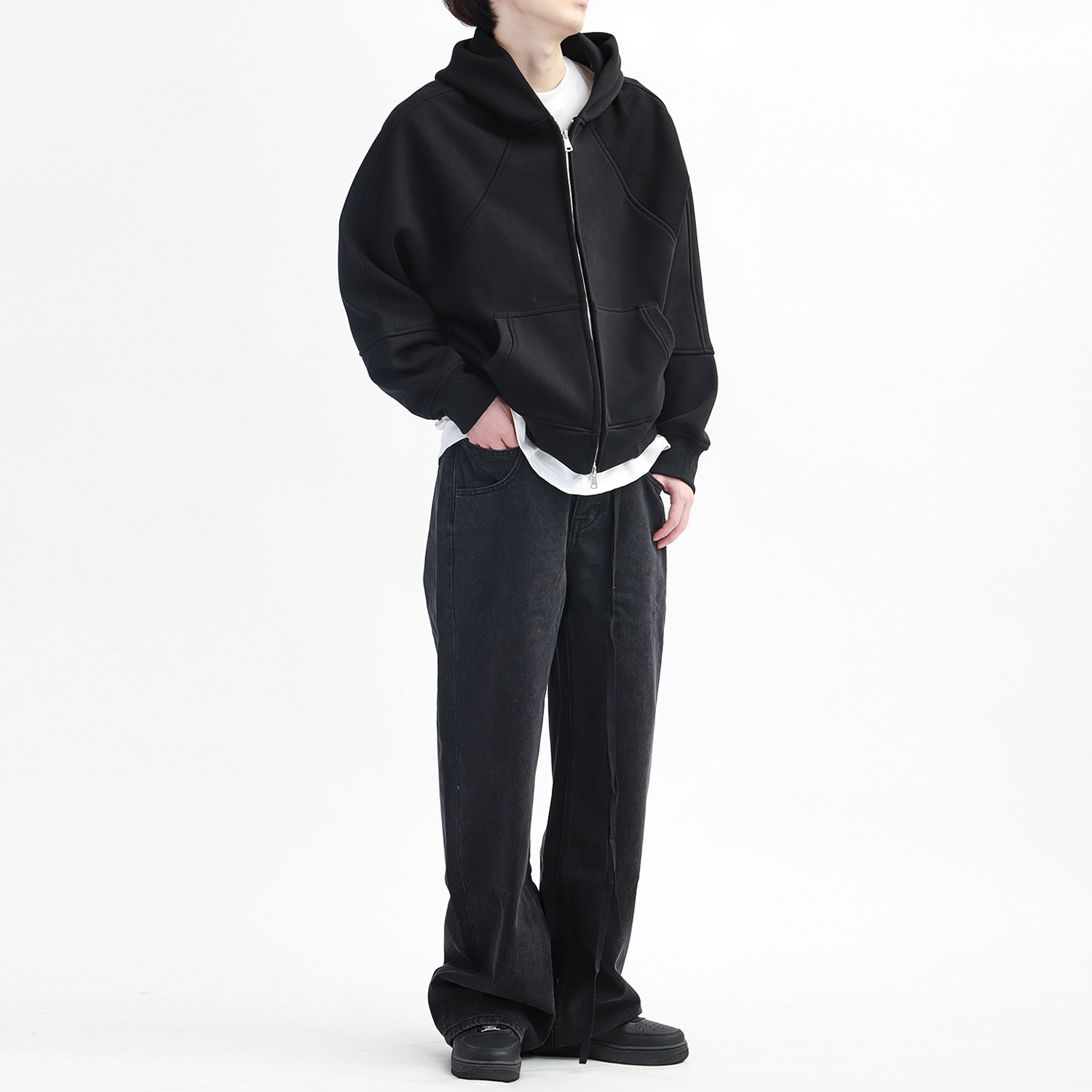 Hombres y mujeres de gota-hombro cleanfit cremallera con capucha perfil pesado corte boxy suelta color sólido básico suéter del todo-fósforo