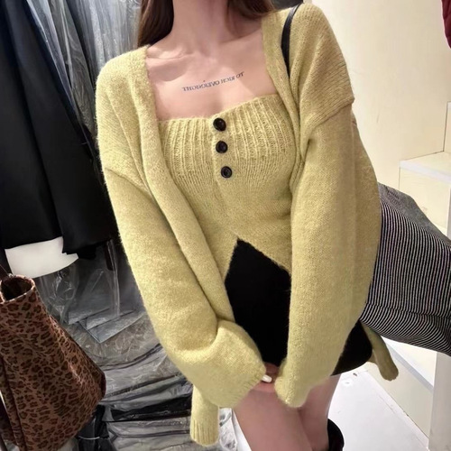 Sexy lace camisole sweater set for women, autumn and winter, high-end, gentle, soft and fluffy, lazy style