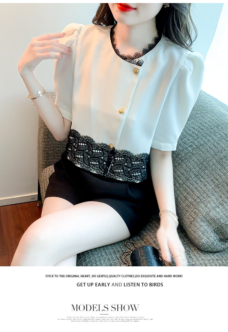韩国东大门夏季小香风设计感复古蕾丝边拼接衬衫短款时尚气质上衣详情13