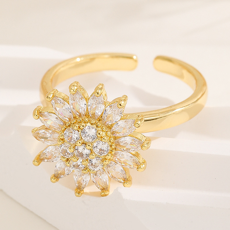 18K oro real color-preservar la suerte de la hierba estilo coreano transfronterizo diamante incrustado rotación de moda abierto anillo ajustable