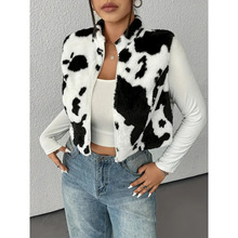 2025新款亚马逊独立站秋冬新款女士奶牛纹拉链马甲毛毛外套ins风