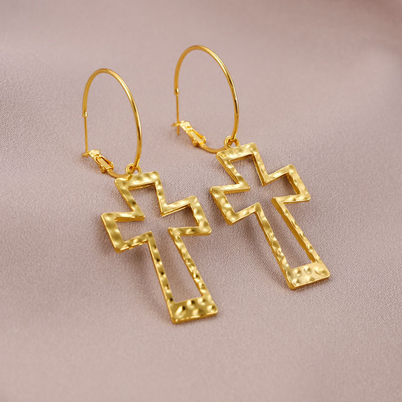 Nuevo transfronterizo exagerado hueco círculo de cruz dos pendientes metal rock estilo estilo auriculares al por mayor image 5