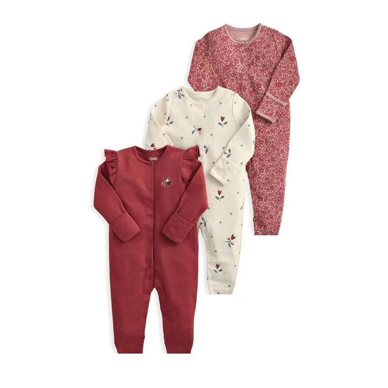 外贸童装新款春秋婴儿连体衣长袖哈衣平脚爬服宝宝三件装跨境代发