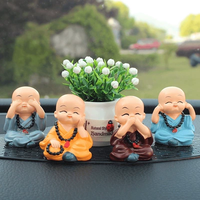 New Chinese Cute Shaking Head Little Monk Car Blessing Peace Ornaments Electric Car Interior Central Console Car Decoration (Car ornaments) - 4-little-monks-1-auspicious-fruit-1-oval-anti-slip-mat-glue-included