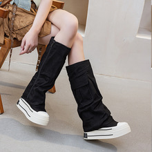 12CM内增高工装长靴女秋冬新款高筒靴不规则褶皱双层设计感裤管靴