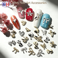 跨境爆款简约蝴蝶结合金爱心美甲饰品 3D金属蝴蝶指甲钻DIY小饰品