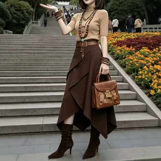 26688大爱美依缘2026秋季新款时尚纯色修身T恤不规则半身裙显瘦女