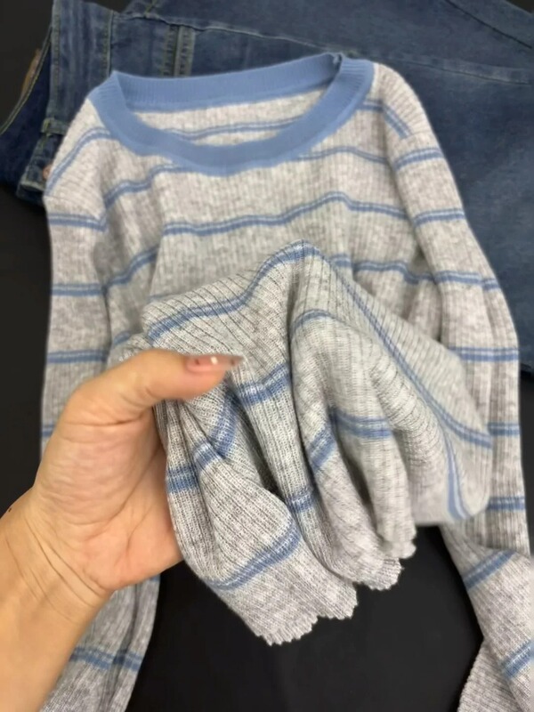 撞色圆领条纹长袖针织衫女秋冬毛衣多巴胺穿搭显瘦设计感小众上衣|undefined