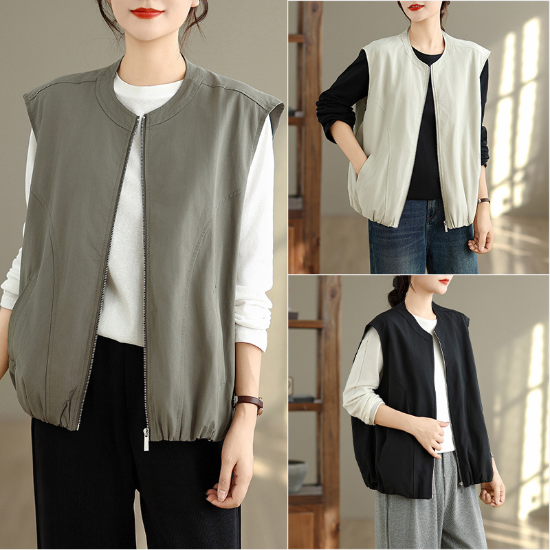 Real Shot of Spring and Autumn 26-Style Artistic Casual Three-Dimensional Cut Zipper Loose Slimming Retro Stylish Women's Vest