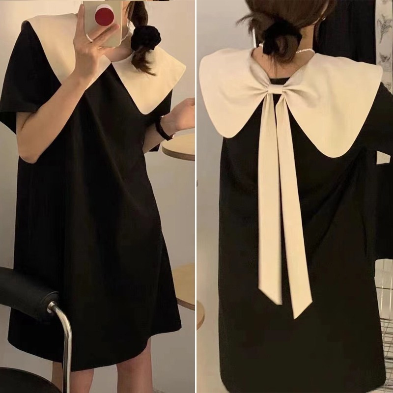 Pregnant women summer dress dress dress black high-end sense two-wear doll collar bow small summer knee slimming