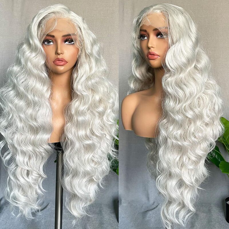 Silver-Colored Wavy Hair with Pre-Plucked Hairline at the Front, Paired with Baby Hair and Transparent Lace, Heat-Resistant Synthetic Silver-Colored Wavy Hair with Pre-Plucked Hairline at the Front, Paired with Baby Hair and Transparent Lace, Heat-Resistant Synthetic