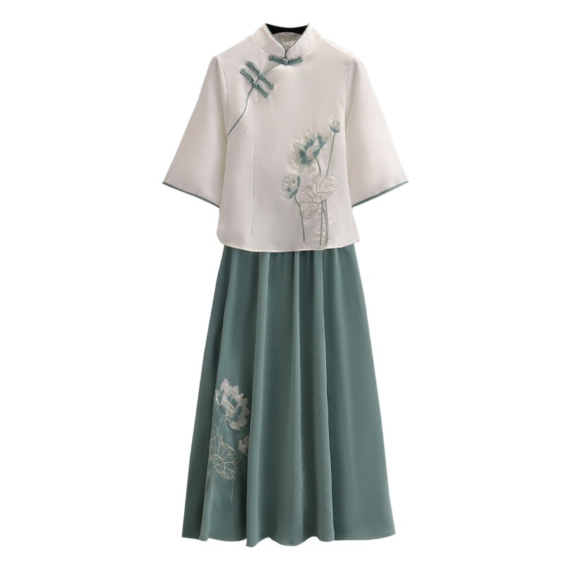 Factory Batch Ethnic Style Retro Women's Tang Suit plus size Top Cotton Linen Lotus Flower Embroidered Collar Literary Lake Green Tea Art Suit
