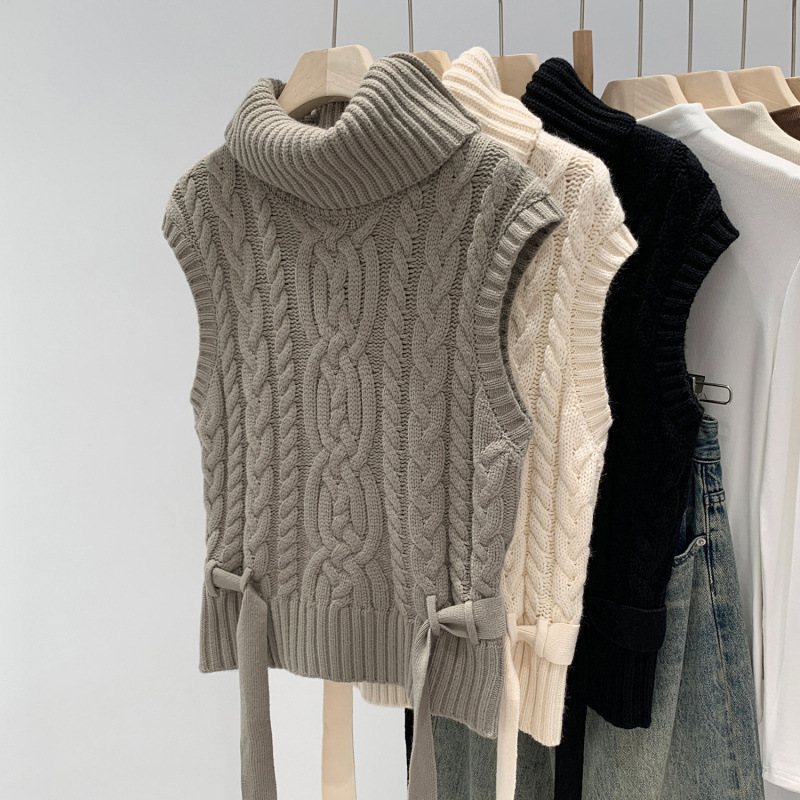 2026 In-Stock Cable Knit Turtleneck Sweater Vest for Women, Autumn and Winter Style, Layered Wear, Tie-Waist Knitted Top