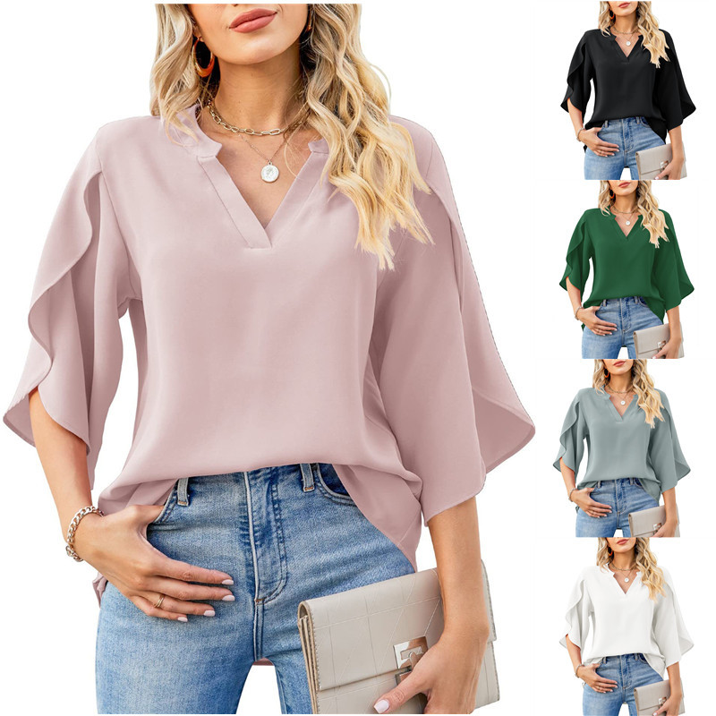 Women's Blouse 3/4 Length Sleeve Blouses Lettuce Trim Simple Style Solid Color display picture 1