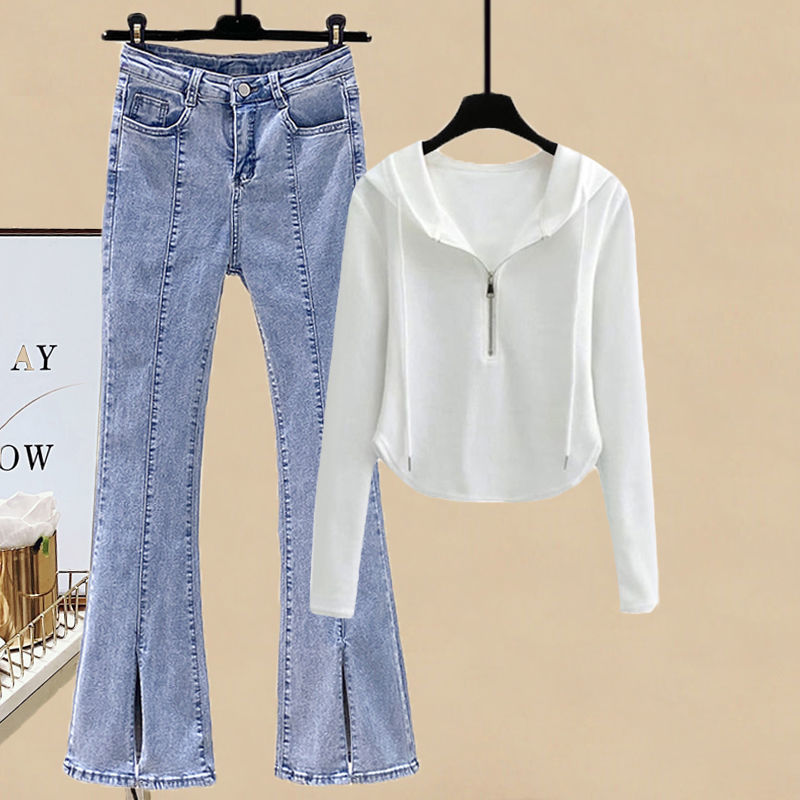 Little Spice Girl suit Women's Early Autumn Fried Street Design Long Sleeve T-shirt Sweatshirt High Waist Split Denim Bell Pants