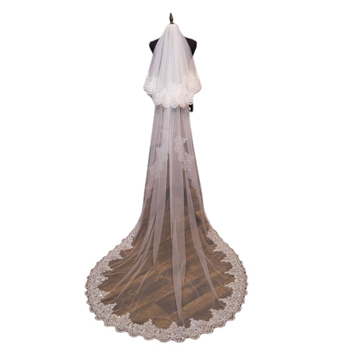 Long Bridal Veil Real Shot Picture Sequin Lace Trim 3m Shiny Red Rhinestone Metal Hair Comb Wedding Dress