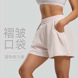 跨境分销口袋褶皱瑜伽裤宽松休闲跑步运动短裤外穿高腰透气三分裤
