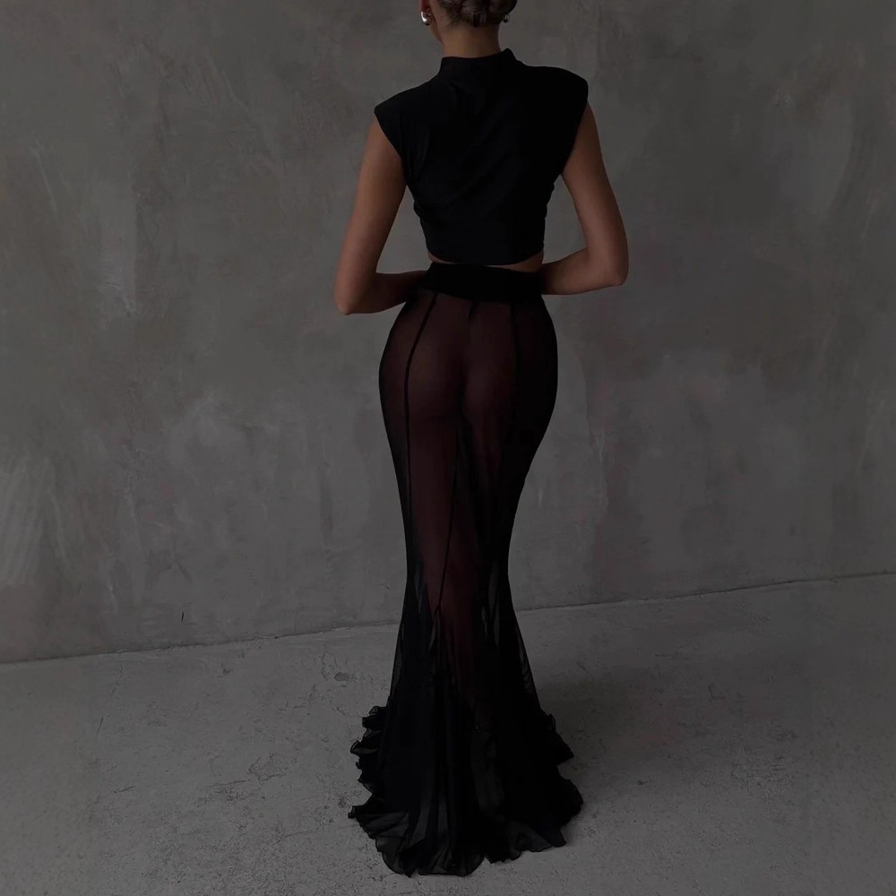 Women's Clothing Solid Color Mesh Sheer Base Skirt With Long Sleeved Lapel Blazer Independent Store Fashion_voghion.com
