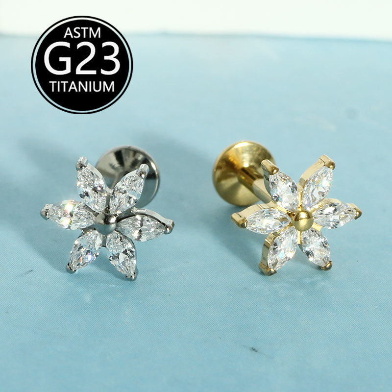 G23 Titanium Inlaid Zircon Flower Labret Stud Lip Piercing Jewelry Internally Threaded detail image 7