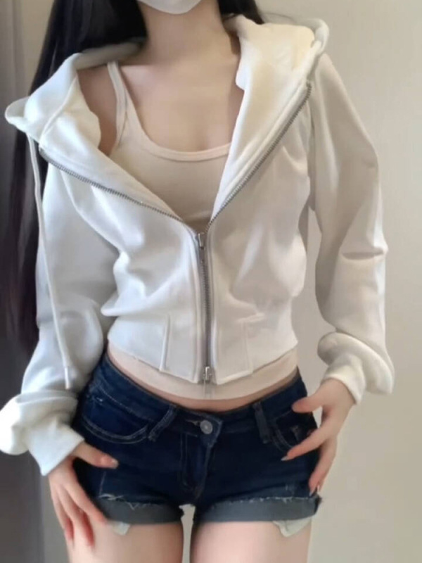 美式辣妹短款白色开衫卫衣女秋季双拉链设计感纯欲风收腰连帽外套|undefined