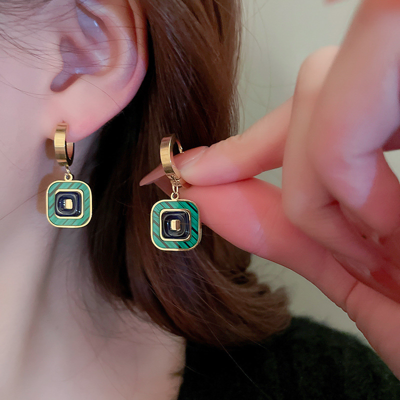 Fashion Round Square Titanium Steel Plating Drop Earrings 1 Pair