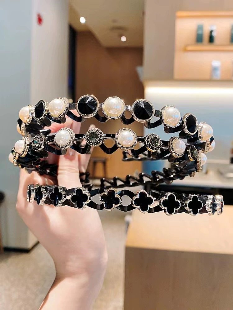 Повязка на голову/Стреп Hairgrip — жемчужная и цветочная волнистая заколка для волос, зажим для чёлки, assorted colors, 12 см