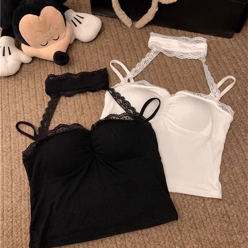 Nuevo dulce caliente chica de encaje colgante colgante chaleco pequeño para mujeres en verano con ropa exterior delgada camisa de base corta